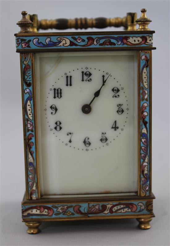 An early 20th century French champleve decorated carriage timepiece, 5in.